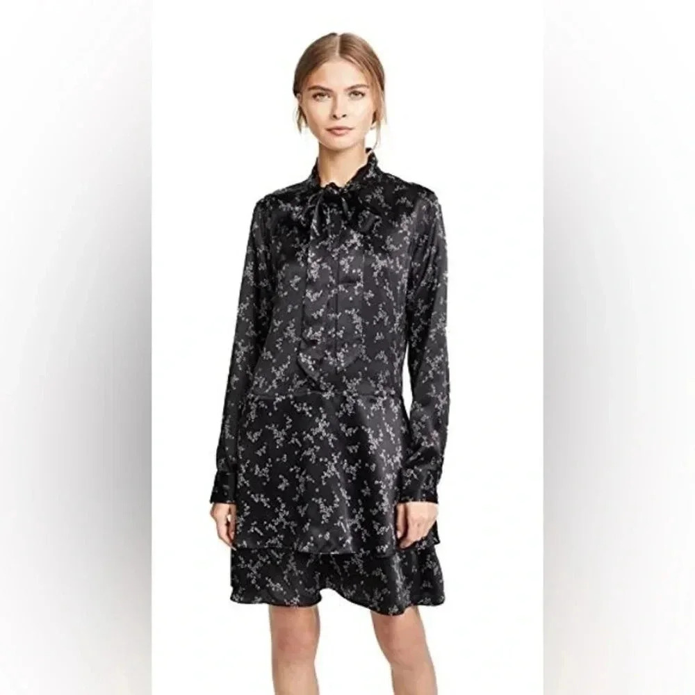 Equipment Natalia Tie Neck 100% Silk Black/White Floral Whimsical Tiered Dress